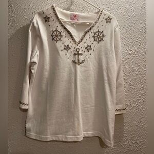 Quaker Factory Anchor White‎ Beaded 3/4 Sleeve Blouse.#90A